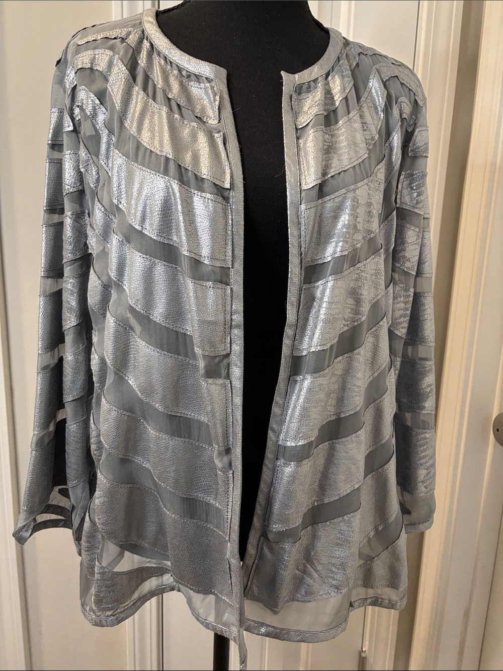 Chico's Silver Sheer-Striped Open Jacket Chico’s Size 3=16 New With Tags